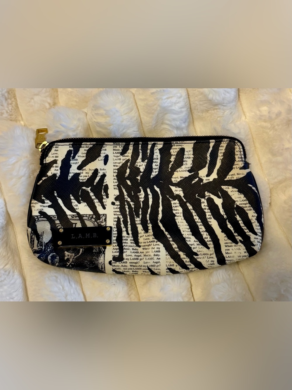 L.A.M.B. Gwen Stefani Vintage Rare Black White Zebra Newspaper Cosmetic Bag